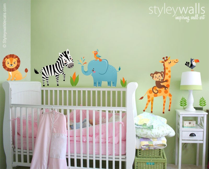 Jungle Animals Wall Decal, Jungle Wall Decal Sticker, Safari Animals Wall Decal Sticker, Giraffe Monkey Zebra Elephant Lion Nursery Decor