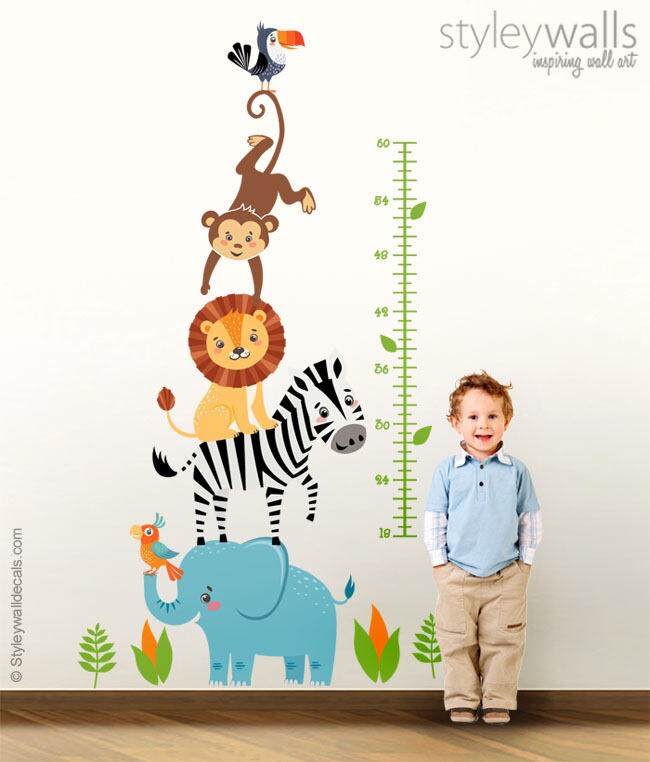 Autocollant mural animaux de la jungle, tableau de croissance des animaux de la jungle, autocollant mural tableau de croissance safari, décoration murale pour chambre d'enfant lion éléphant singe zèbre