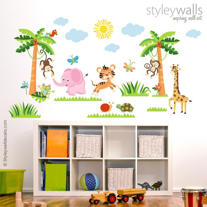 Jungle Animals Wall Decal, Rain Forest Wall Decals, Safari Animals, Jungle Nursery Wall Stickers, Monkey Elephant Giraffe Tiger Wall Decals