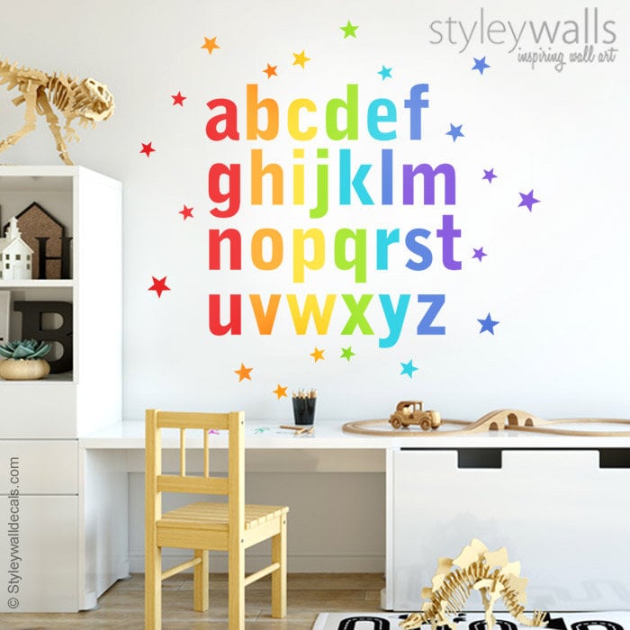 Alphabet Wall Decal, Alphabet Wall Sticker, Letters Wall Decal, Rainbow Alphabet Wall Decal, ABC Rainbow Lettering and Stars Playroom Decor