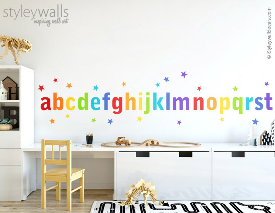 Alphabet Wall Decal, Alphabet Wall Sticker, Letters Wall Decal, Rainbow Alphabet Wall Decal, ABC Rainbow Lettering and Stars Playroom Decor