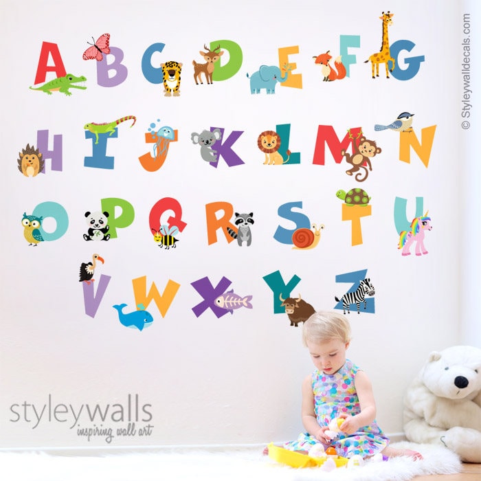 Autocollant mural alphabet, autocollant mural alphabet animaux, autocollant mural lettres, autocollant mural alphabet animaux, décor de salle de jeux avec lettrage ABC animaux