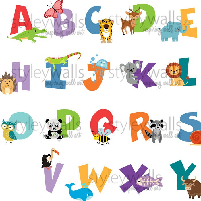 Autocollant mural alphabet, autocollant mural alphabet animaux, autocollant mural lettres, autocollant mural alphabet animaux, décor de salle de jeux avec lettrage ABC animaux