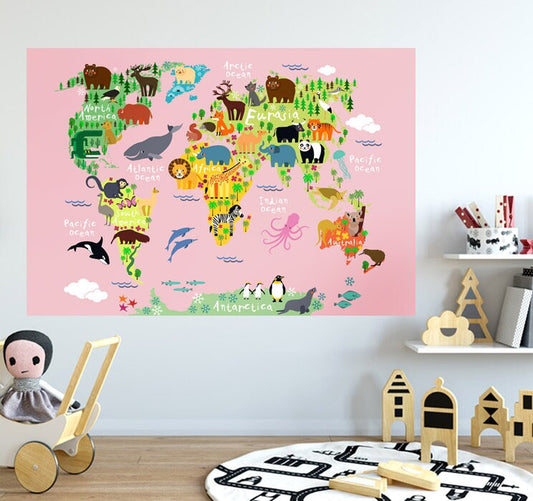 World Map Wall Decal, World Map Wall Sticker, Jungle Animals Themed World Map for Girls Room, Playroom Decor Wall Sticker, Peel and Stick