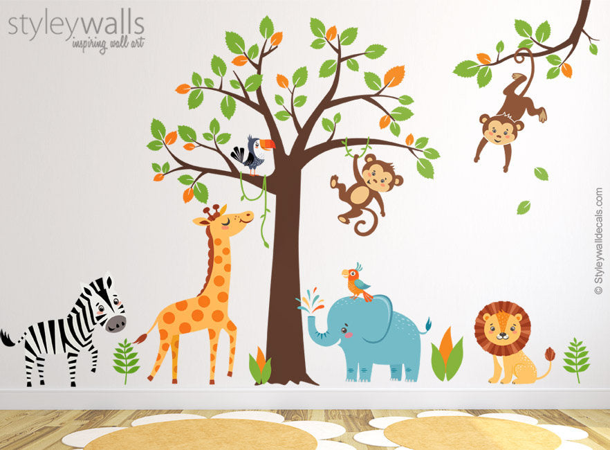 Dschungel Wandtattoo, Safari Wandtattoo, Dschungel Tiere Wandtattoo, Safari Tiere Aufkleber, Affe Zebra Giraffe Löwe Elefant Kinderzimmer Dekor