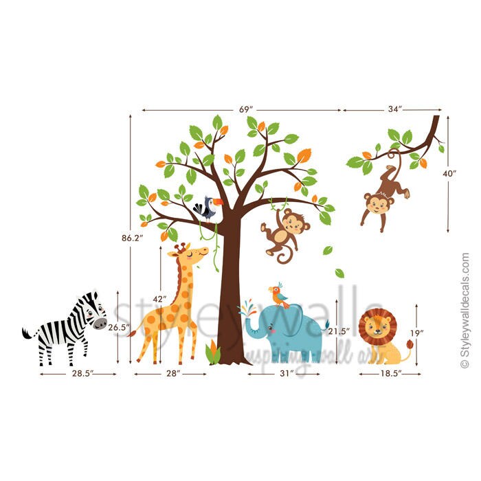 Dschungel Wandtattoo, Safari Wandtattoo, Dschungel Tiere Wandtattoo, Safari Tiere Aufkleber, Affe Zebra Giraffe Löwe Elefant Kinderzimmer Dekor