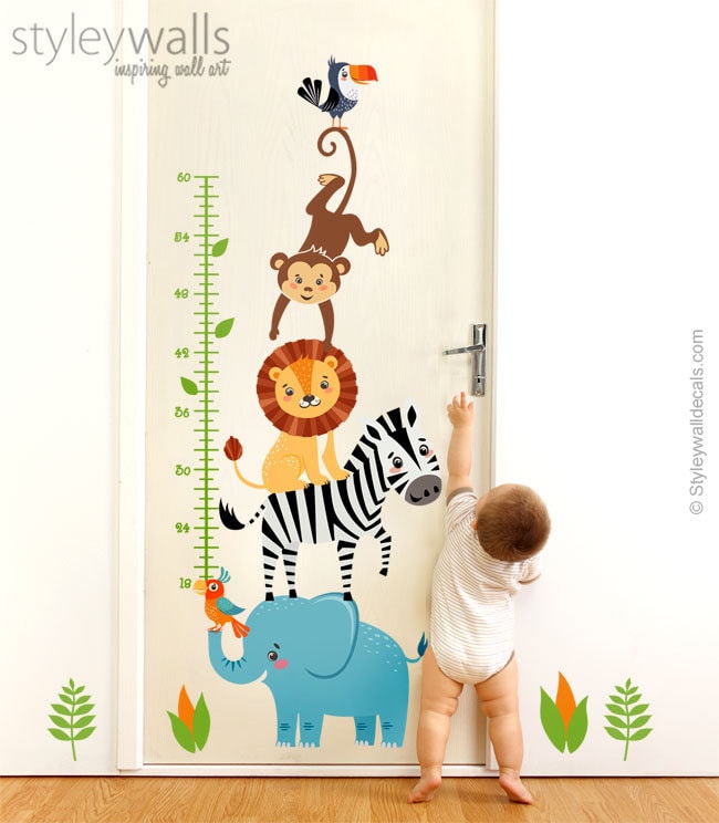 Autocollant mural animaux de la jungle, tableau de croissance des animaux de la jungle, autocollant mural tableau de croissance safari, décoration murale pour chambre d'enfant lion éléphant singe zèbre