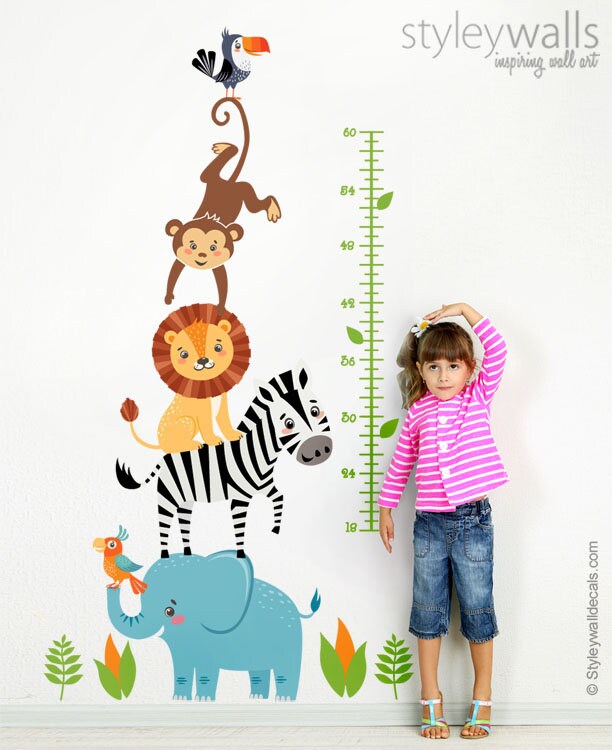 Autocollant mural animaux de la jungle, tableau de croissance des animaux de la jungle, autocollant mural tableau de croissance safari, décoration murale pour chambre d'enfant lion éléphant singe zèbre