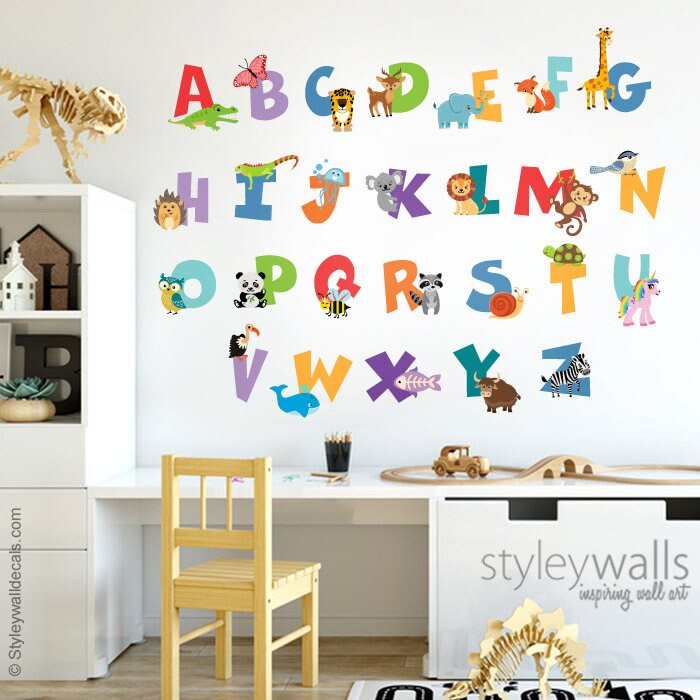 Autocollant mural alphabet, autocollant mural alphabet animaux, autocollant mural lettres, autocollant mural alphabet animaux, décor de salle de jeux avec lettrage ABC animaux