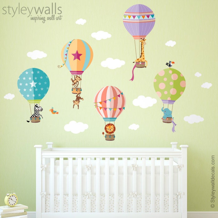 Air Balloons Wall Decal, Jungle Animals Wall Decal Sticker, Hot Air Balloons Wall Sticker, Air Balloons Baby Nursery Decor, Kids Room Decal