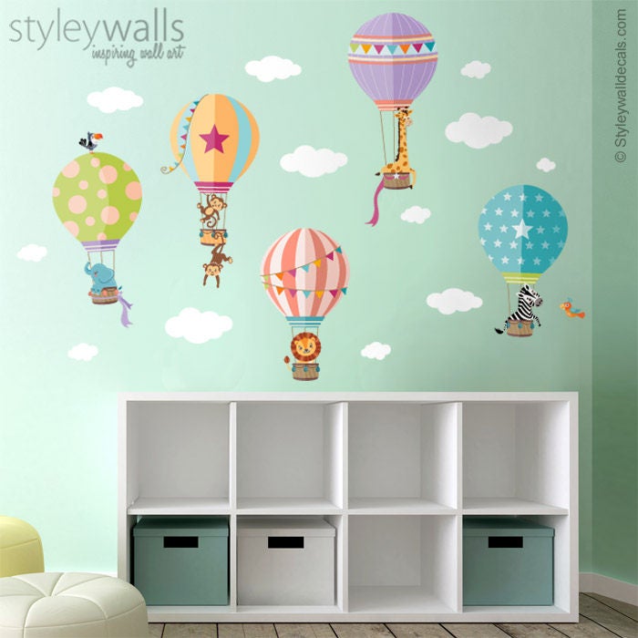 Air Balloons Wall Decal, Jungle Animals Wall Decal Sticker, Hot Air Balloons Wall Sticker, Air Balloons Baby Nursery Decor, Kids Room Decal