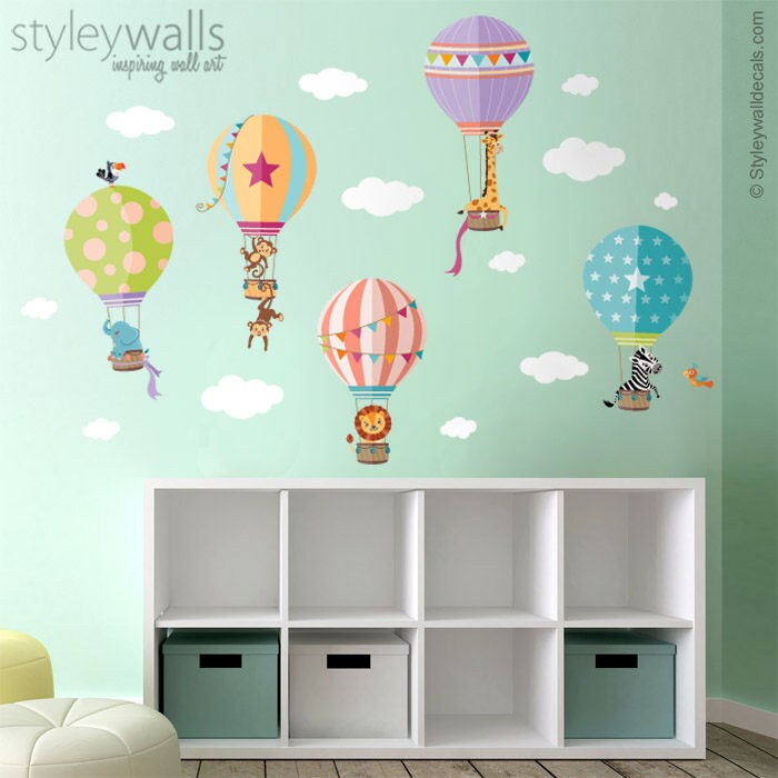 Hot Air Balloons Wall Decal, Hot Air Balloons Wall Sticker, Jungle Safari Animals Wall Decal Sticker, Kids Room Decal, Baby Nursery Decor