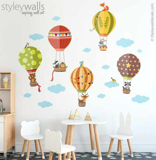 Air Balloons Wall Decal, Woodland Forest Animals Wall Decal Sticker, Hot Air Balloons Wall Sticker, Baby Nursery Decor, Kids Room Decal