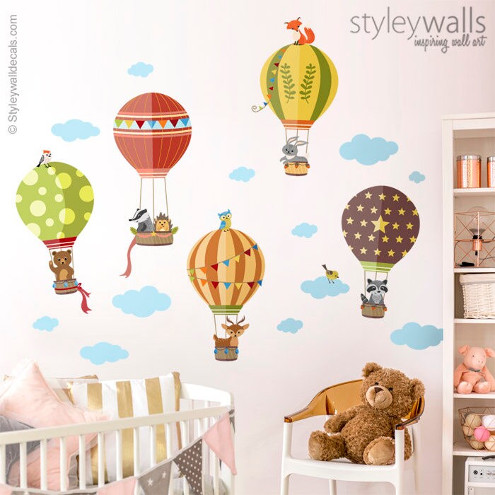 Air Balloons Wall Decal, Woodland Forest Animals Wall Decal Sticker, Hot Air Balloons Wall Sticker, Baby Nursery Decor, Kids Room Decal