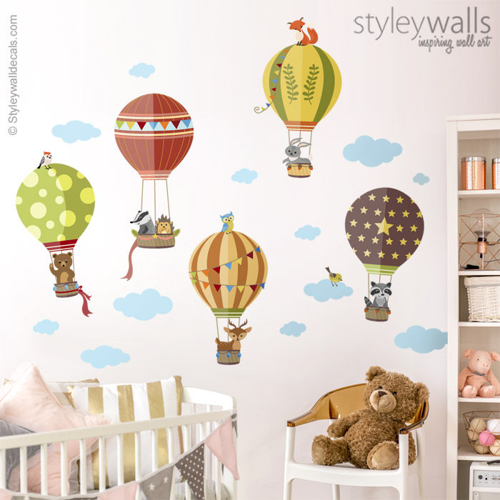 Air Balloons Wall Decal, Forest Woodland Animals Wall Decal Sticker, Hot Air Balloons Wall Sticker for Nursery Baby Kids Room Decor