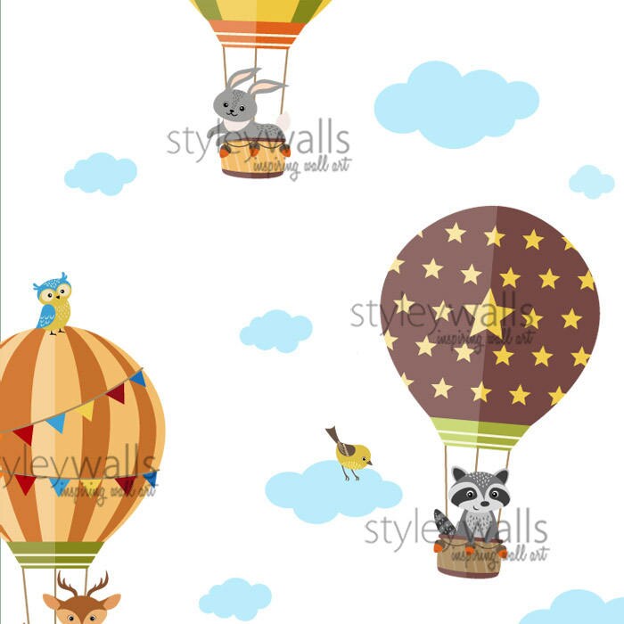 Air Balloons Wall Decal, Woodland Forest Animals Wall Decal Sticker, Hot Air Balloons Wall Sticker, Baby Nursery Decor, Kids Room Decal