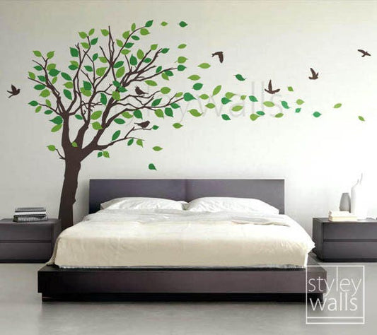 Tree decal Wall Sticker Tree with Birds and leaves blowing in the Wind - EXTRA LARGE Vinyl Wall Decal Sticker Nursery Kids Baby Children