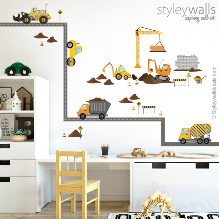 Construction Vehicles Wall Decal,  Construction Site Wall Decal Sticker, Construction Trucks Road Wall Decals, Boys Room Wall Decor Sticker