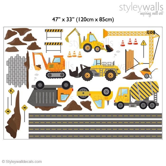 Construction Vehicles Wall Decal, Construction Wall Decal Sticker, Construction Site Wall Sticker, Construction Trucks Road Wall Decals