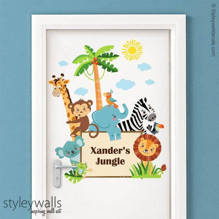 Autocollant mural animaux de la jungle, autocollant mural animaux de la jungle, autocollant de panneau de porte animaux de la jungle, décoration de chambre de bébé Safari, autocollant de chambre d'enfant