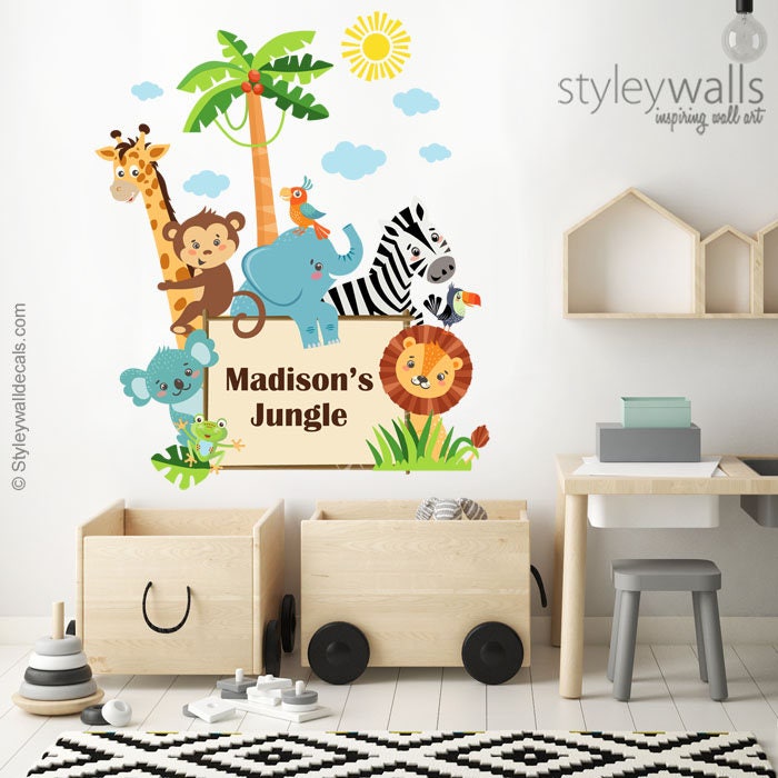 Autocollant mural animaux de la jungle, autocollant mural animaux de la jungle, autocollant de panneau de porte animaux de la jungle, décoration de chambre de bébé Safari, autocollant de chambre d'enfant