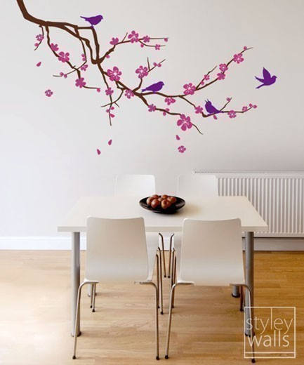 Cherry Blossom Branch and Birds Wall Decal,  Cherry Branch Wall Decal Sticker, Cherry BlossomTree Wall Decal for Nursery Home Decor