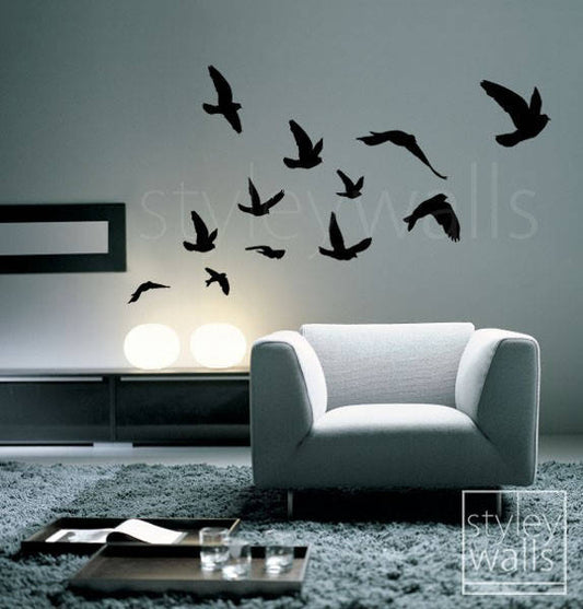 Flying Birds Wall Decal, Birds Wall Sticker, Flying Birds Set of 12 Vinyl Wall Decal for Office Home Decor Room Art, Flying Birds Sticker