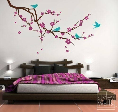 Sticker mural en vinyle avec branches de cerisier et oiseaux, très grande branche avec fleurs, pour chambre d'enfant ou de bébé