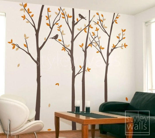 Forest Trees and Birds Wall Decal, Autumn Trees Wall Decal, Trees and Birds Wall Decal, Thin Birch Tress Wall Decal Sticker for Home Decor