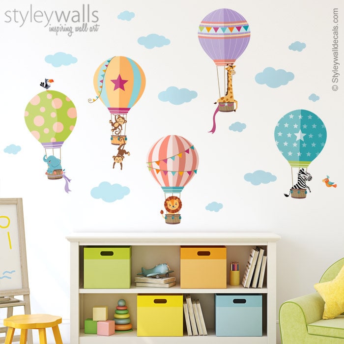 Hot Air Balloons Wall Decal, Hot Air Balloons Wall Sticker, Jungle Safari Animals Wall Decal Sticker, Kids Room Decal, Baby Nursery Decor