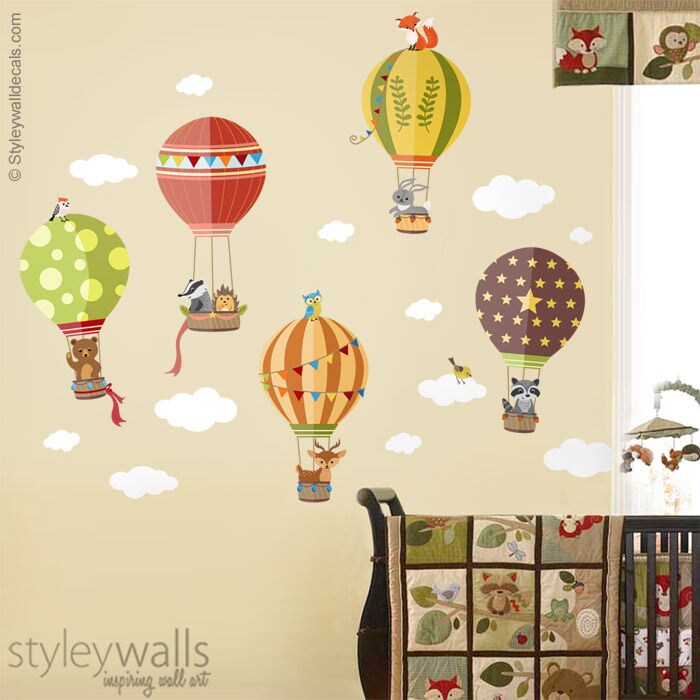 Air Balloons Wall Decal, Woodland Forest Animals Wall Decal Sticker, Hot Air Balloons Wall Sticker, Baby Nursery Decor, Kids Room Decal