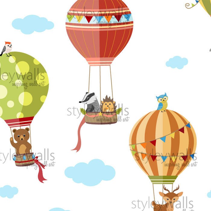 Air Balloons Wall Decal, Woodland Forest Animals Wall Decal Sticker, Hot Air Balloons Wall Sticker, Baby Nursery Decor, Kids Room Decal