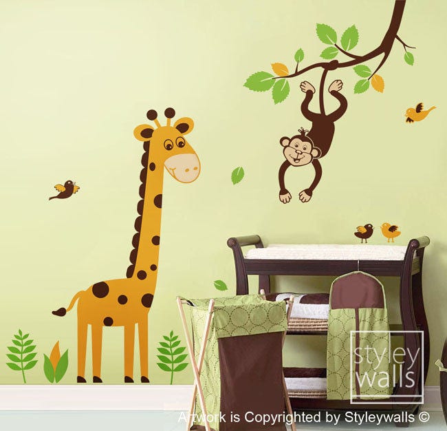 Giraffe Wall Decal Jungle Animals Monkey Swinging from Branch and Cute Giraffe Wall Decal Nursery Kids Baby room Vinyl Wall Decal