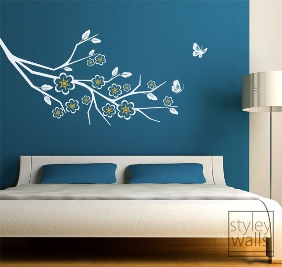 Cherry Blossom Branch and Butterflies - Vinyl Wall Decal