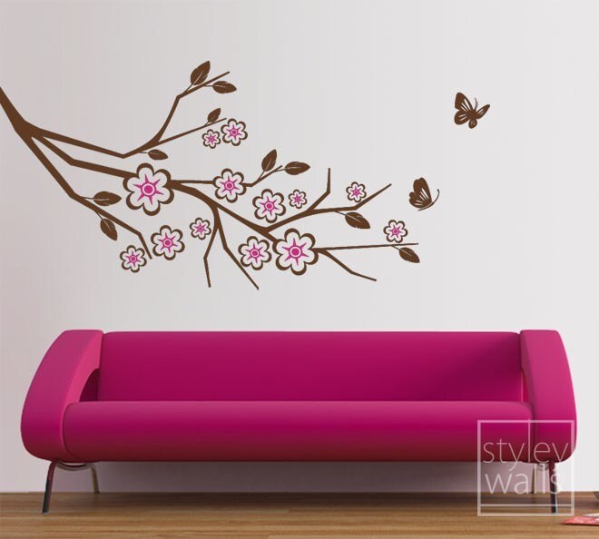 Cherry Blossom Branch and Butterflies - Vinyl Wall Decal