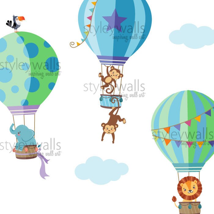 Hot Air Balloons Wall Decal, Jungle Animals Wall Decal, Hot Air Balloons with Safari Animals Wall Sticker, Boy Room Baby Nursery Decor