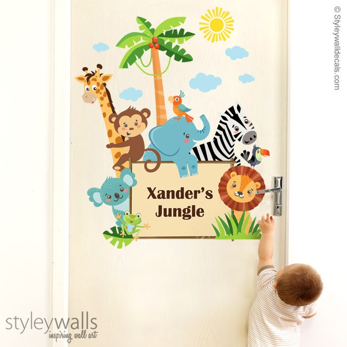 Autocollant mural animaux de la jungle, autocollant mural animaux de la jungle, autocollant de panneau de porte animaux de la jungle, décoration de chambre de bébé Safari, autocollant de chambre d'enfant