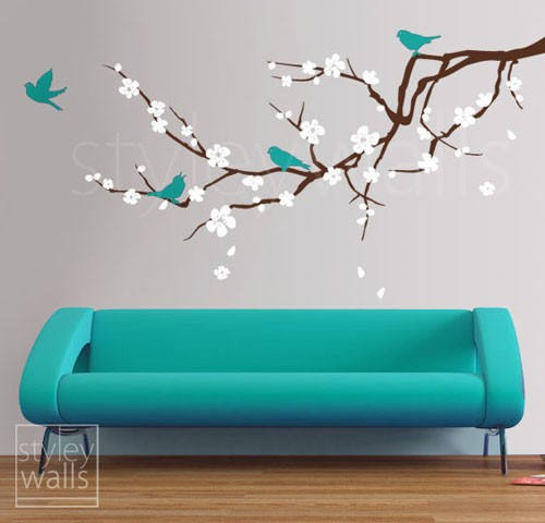 Cherry Blossom Branch Wall Decal, Blossoming Cherry Tree Branch Birds Wall Decal, Flowers Wall Decal Sticker for Children Nursery Kids Room