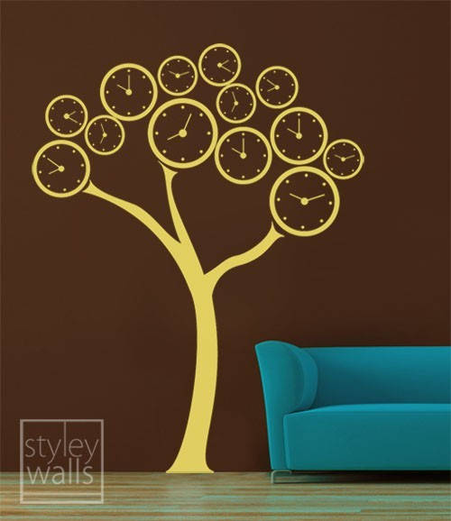 Clock Tree Vinyl Wall Decal, Surreal Clock Tree Wall Sticker, Polka Dots Wall Decal, Clock Wall Decal, Tree Wall Decal for Home Living Room