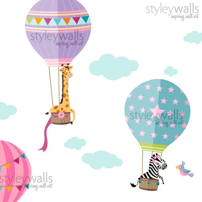 Air Balloons Wall Decal, Hot Air Balloons and Jungle Animals Wall Decal, Flowers Field Wall Decal Sticker, Girls Nursery Room Decor Wall Art