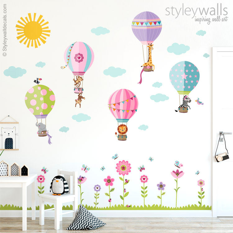 Air Balloons Wall Decal, Hot Air Balloons and Jungle Animals Wall Decal, Flowers Field Wall Decal Sticker, Girls Nursery Room Decor Wall Art