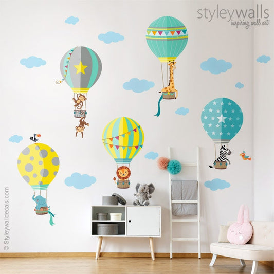 Autocollant mural montgolfières, autocollant mural montgolfières, autocollant mural animaux de safari dans la jungle, décoration de chambre de bébé pour enfants avec montgolfières