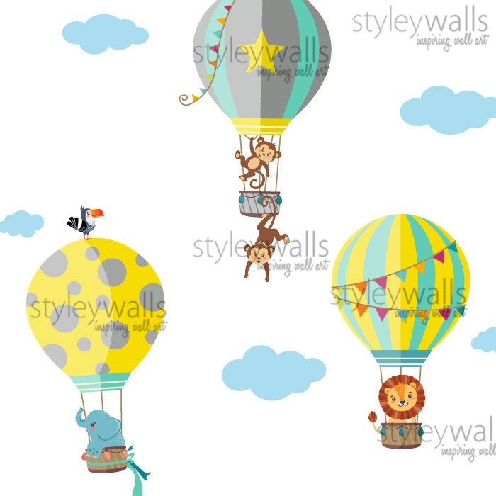 Air Balloons Wall Decal, Hot Air Balloons Wall Sticker, Jungle Safari Animals Wall Decal Sticker, Air Balloons Kids Nursery Baby Room Decor