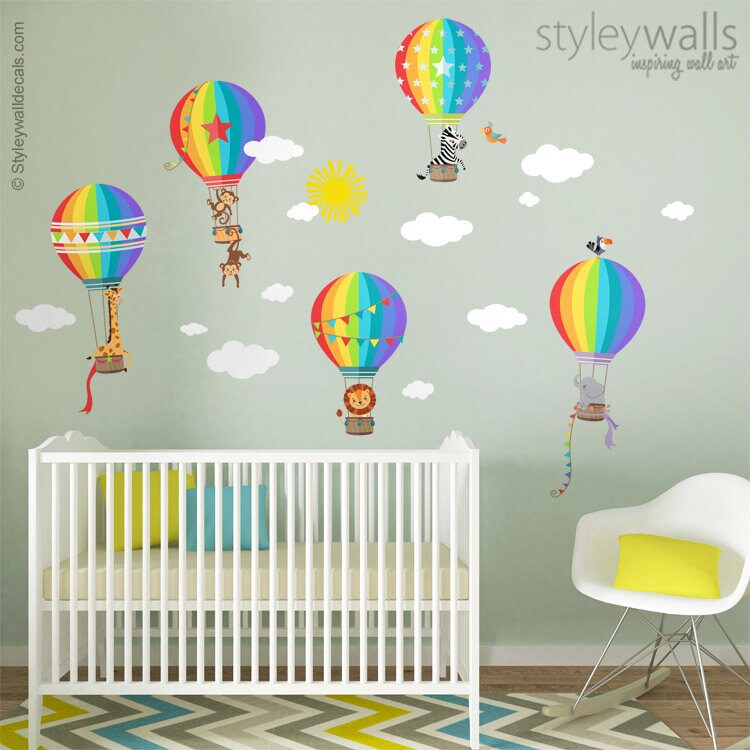 Air Balloons Wall Decal, Hot Air Balloons and Jungle Safari Animals Wall Sticker, Rainbow Air Balloons Baby Nursery Decor, Kids Room Decal