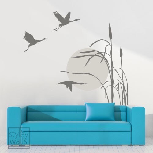 Cranes Wall Decal, Cranes Wall Sticker, Bird Wall Decal, Flying Birds Wall Sticker, Reed Grass and Flying Cranes at Sunset Vinyl Wall Decal