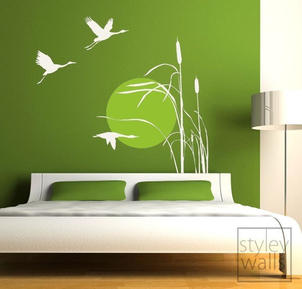 Cranes Wall Decal, Cranes Wall Sticker, Bird Wall Decal, Flying Birds Wall Sticker, Reed Grass and Flying Cranes at Sunset Vinyl Wall Decal