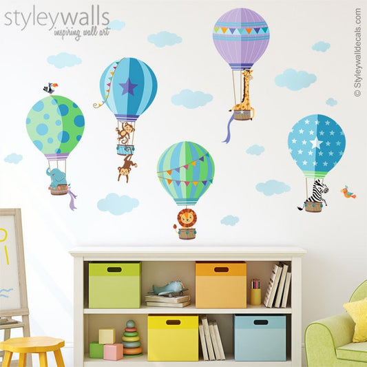 Hot Air Balloons Wall Decal, Jungle Animals Wall Decal, Hot Air Balloons with Safari Animals Wall Sticker, Boy Room Baby Nursery Decor