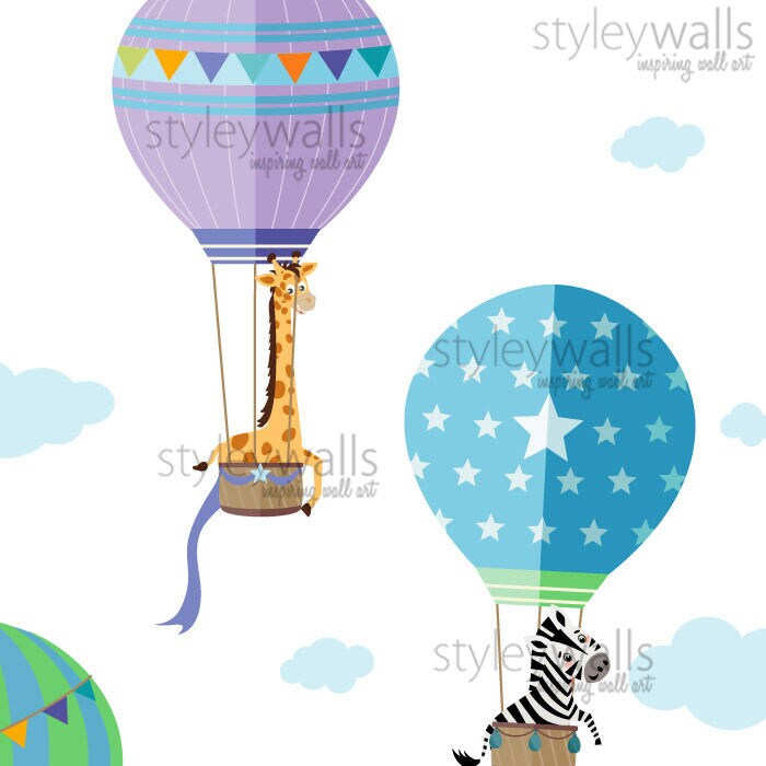 Hot Air Balloons Wall Decal, Jungle Animals Wall Decal, Hot Air Balloons with Safari Animals Wall Sticker, Boy Room Baby Nursery Decor