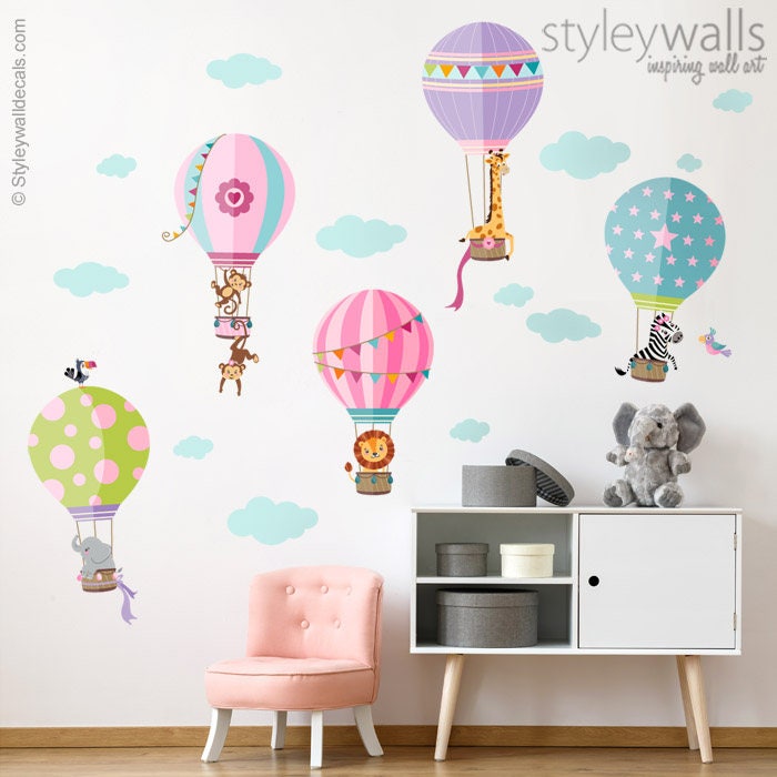 Autocollant mural avec montgolfières, autocollant mural avec animaux de la jungle, décoration murale avec montgolfières, décoration murale pour chambre de fille avec montgolfières