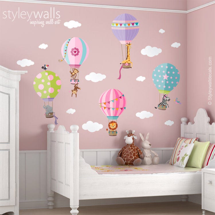 Autocollant mural avec montgolfières, autocollant mural avec animaux de la jungle, décoration murale avec montgolfières, décoration murale pour chambre de fille avec montgolfières